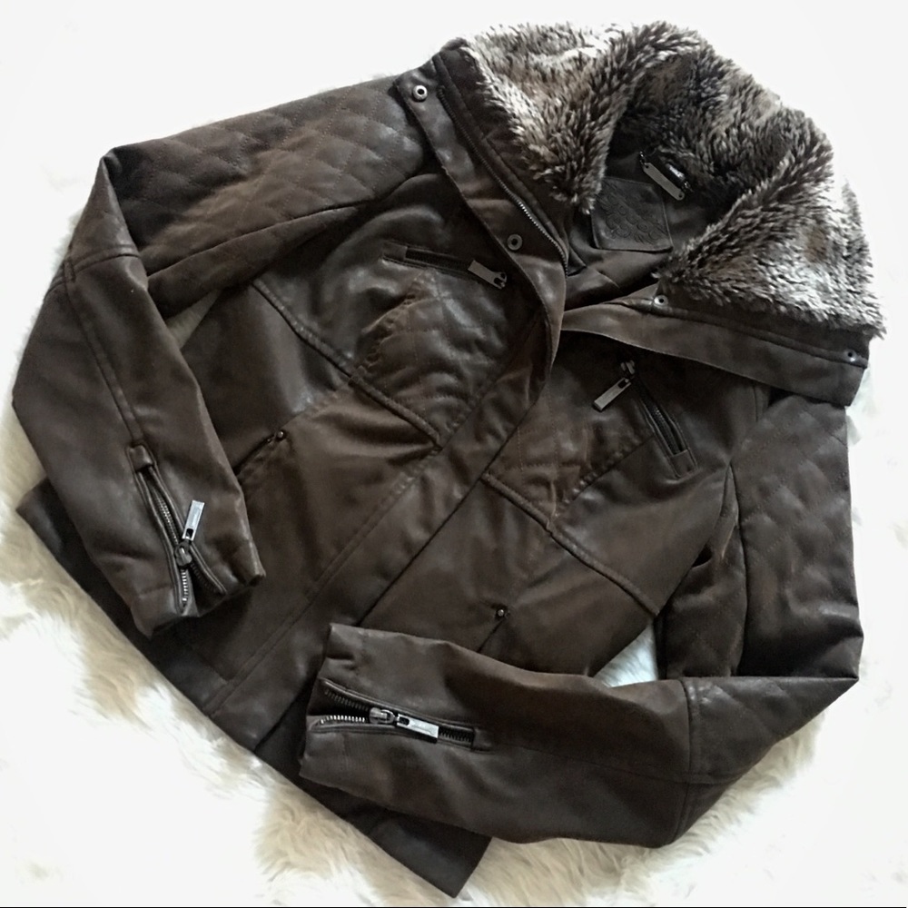Jou Jou Women’s Juniors Faux Fur Motorcycle Jacket